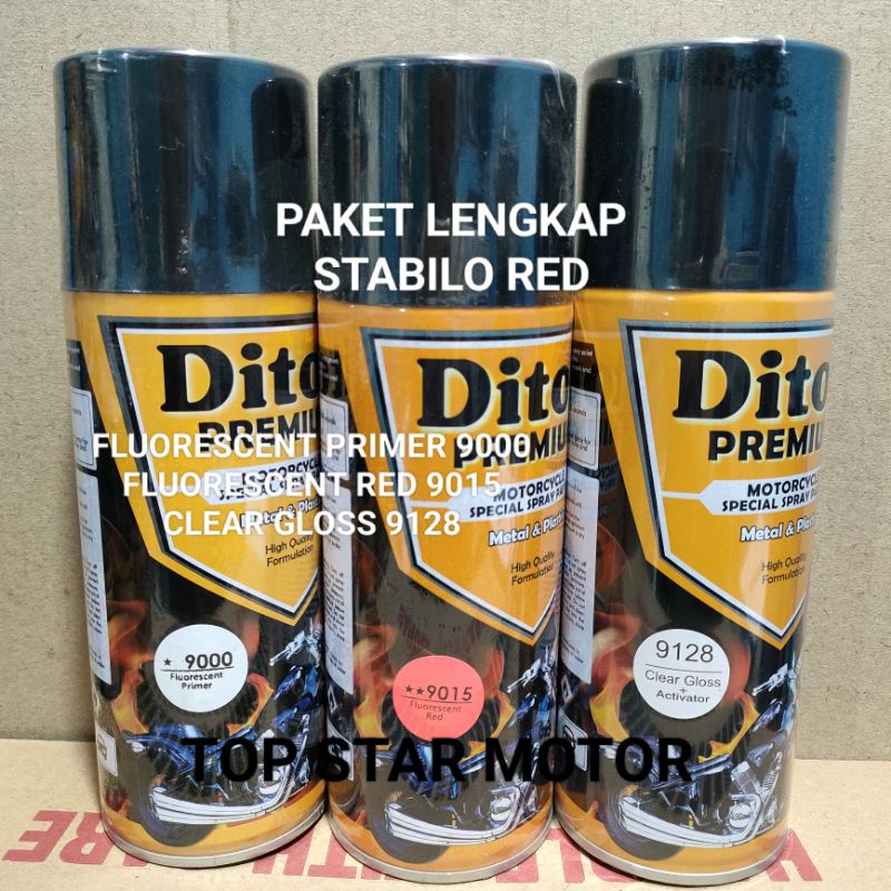 Pilok Paket Lengkap Cat Diton Premium Fluorescent Primer 9000 Fluorescent Red 9015 Clear Gloss 9128 400cc.. Pilok Paketan Lengkap Fluorescent Red Cat Semprot Diton Premium 400cc