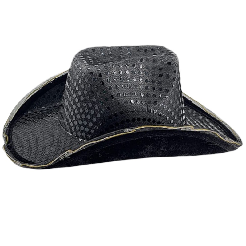 Topi Cowboy Hias Sequin Dengan Lampu LED Gaya Vintage