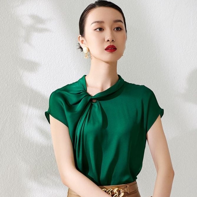 0271 Baju Blus turtel neck kerah pita polos lengan pendek silk  satin import Korean style wanita Baj