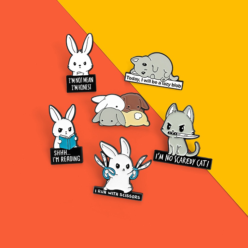 Bros Pin Enamel Bentuk Kartun Hewan Kucing Kelinci Untuk Jaket Denim