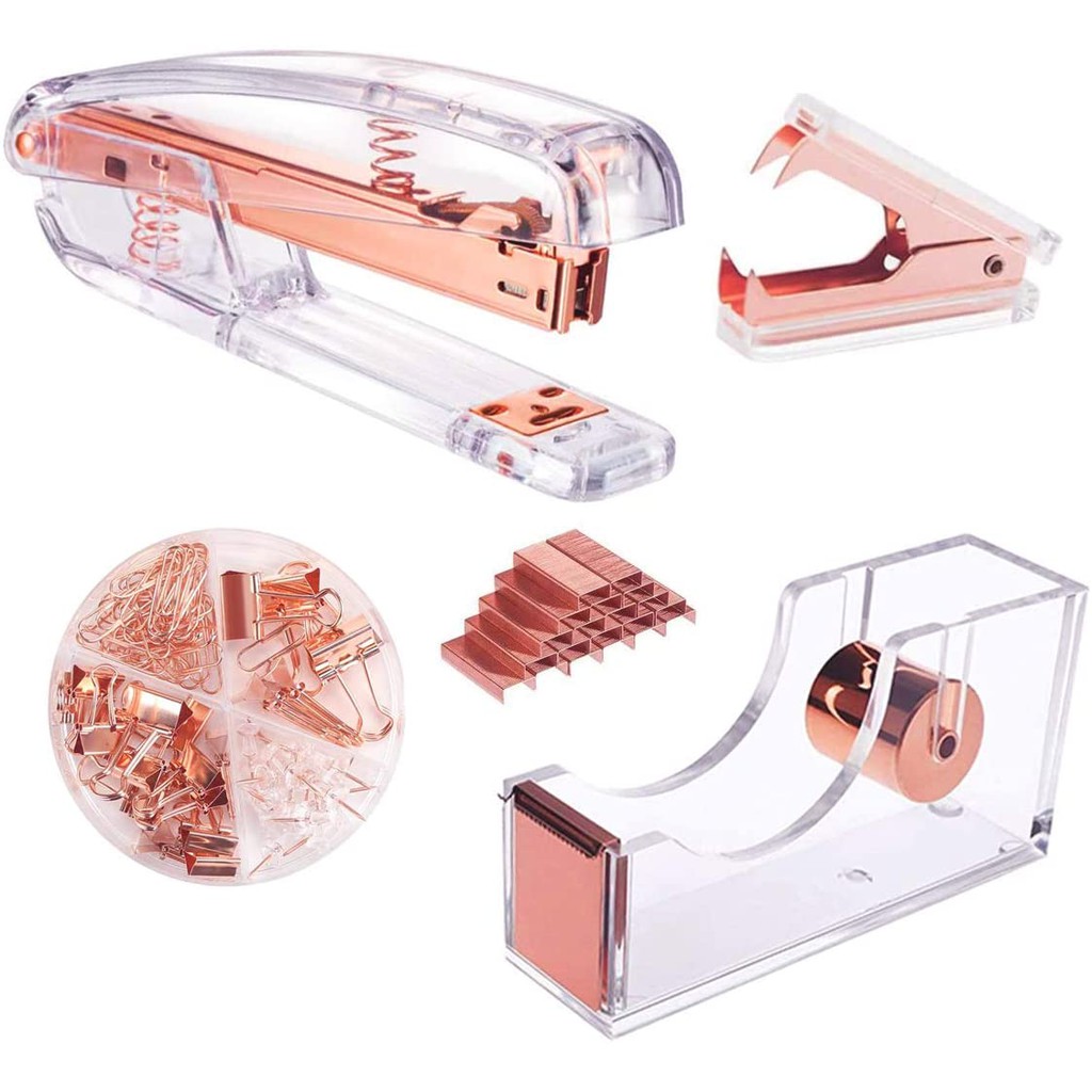 

Rose Gold Stapler Staple Remover Staples Tape Dispenser Binder Clips and Paper Clips Office Supplies