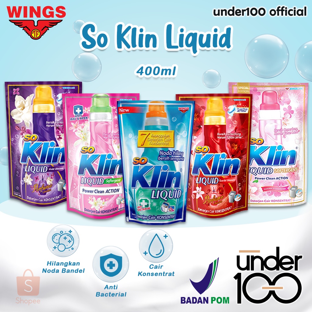 ❤ UNDER100 ❤ So Klin Liquid Anti Bacterial | Liquid Softergent 400ml | Soklin | Detergen Cair | Deterjen Cair Konsentrat Power Clean Action | Perfume Collection | Wings