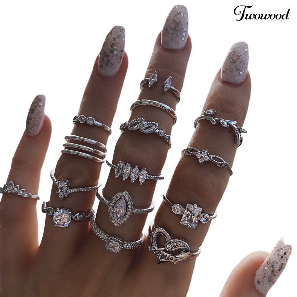 15pcs / Set Cincin Jari Stackable Aksen Berlian Imitasi Gaya Bohemian Untuk Wanita