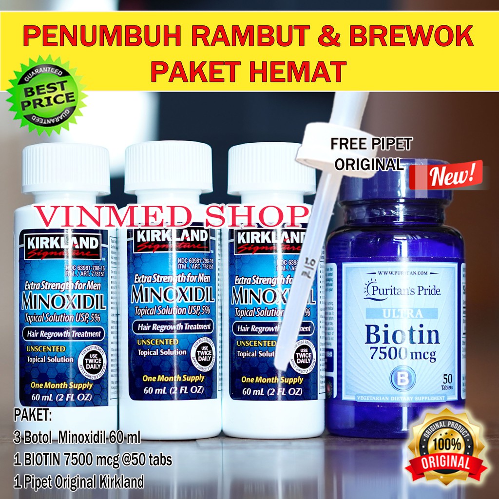 Kirkland Minoxidil+Biotin+Pipet ORI Paket Hemat 3 Bulan