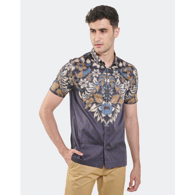 MANZONE Kemeja Batik Pria Lengan Pendek Modern Fit Asoka-Navy