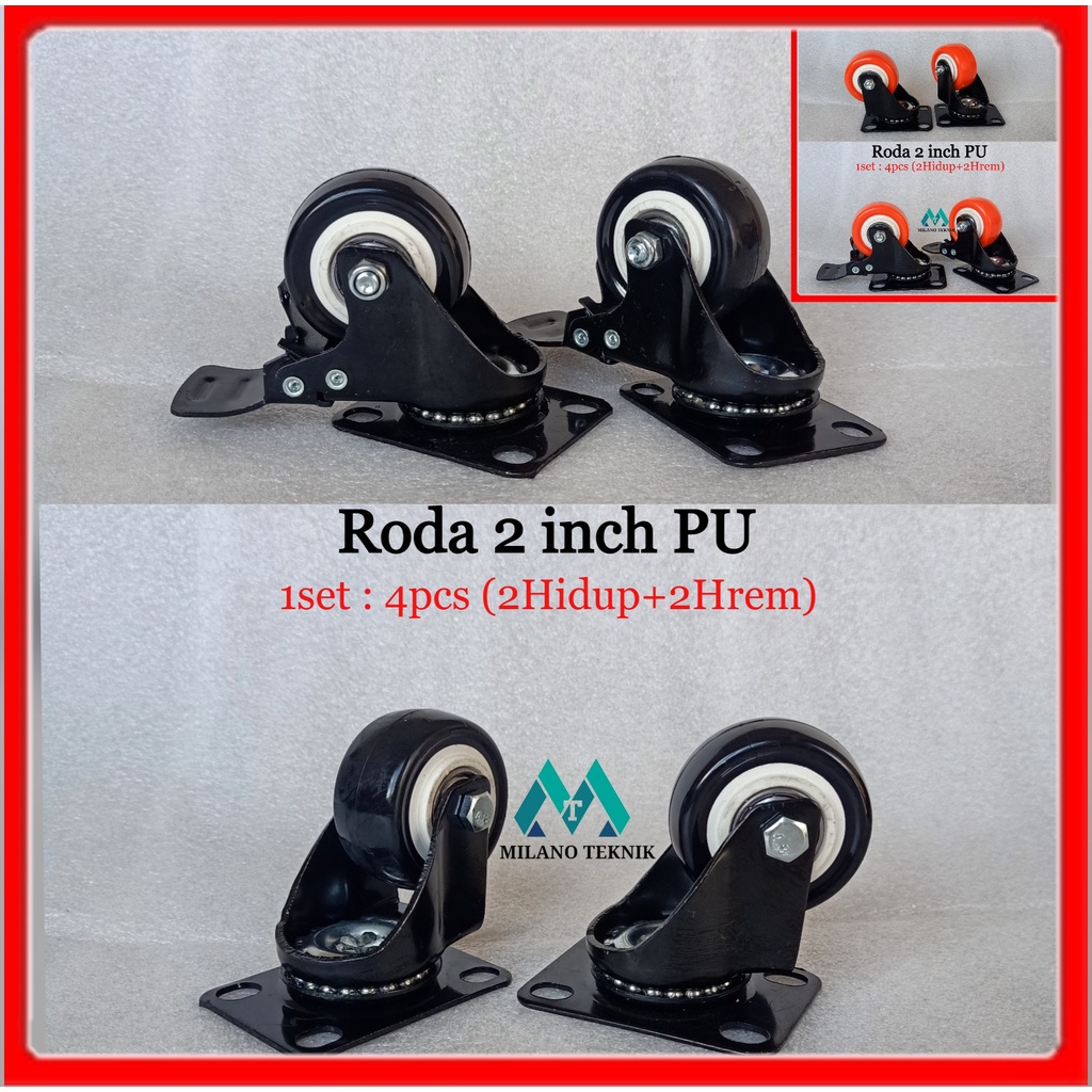 Roda 2 inch PU+Bearing (1set:4pcs 2H+Hrem) caster Troli Rubber karet 2