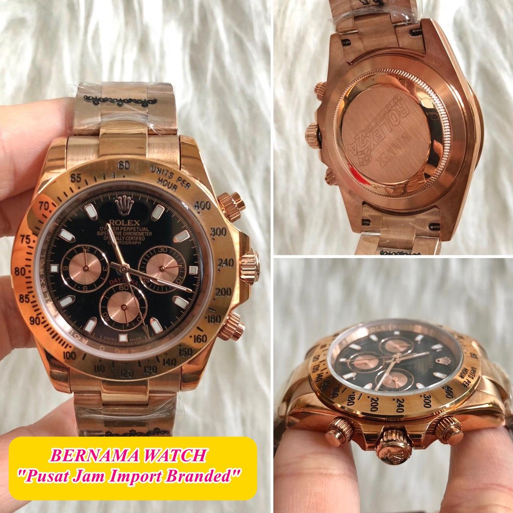 Bayar Di Tempat Jam Rolex Daytona RoseGold Hitam 42mm Crono Solid Stainless Spesial Kaca Safir