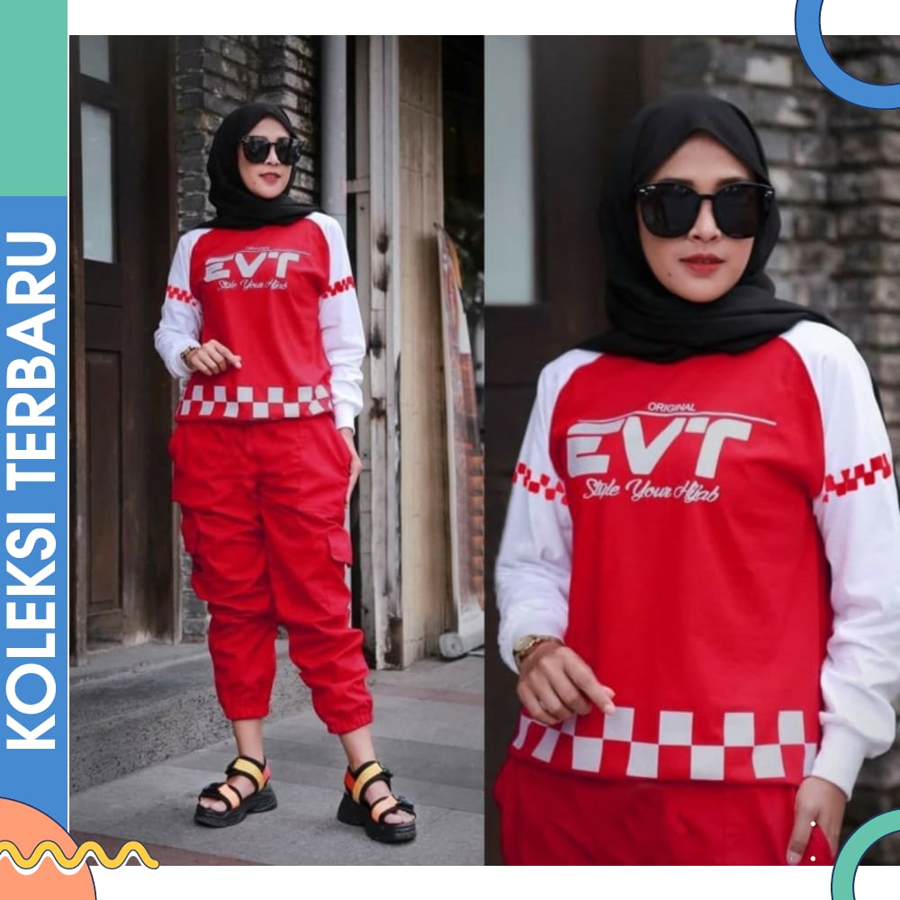 Baju Senam Aerobik Setelan Lapangan Zumba Olahraga Panjang Muslimah Hijab Cycling Rok Putih Merah