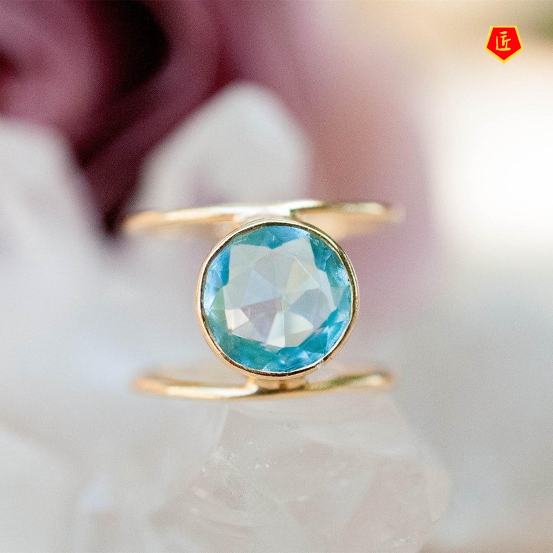 [Ready Stock]Simple Elegant Sea Blue Topaz round Diamond Ring 18K Gold