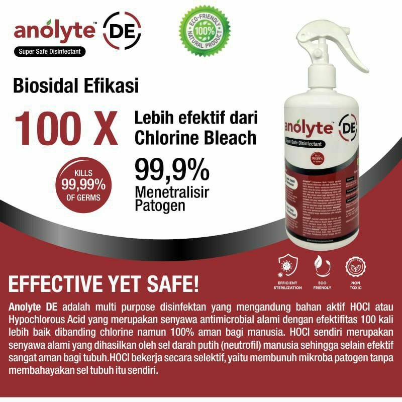Disinfektan Anolyte DE 500ml HOCI. Disinfektan food grade. Disinfektan sayur buah daging.