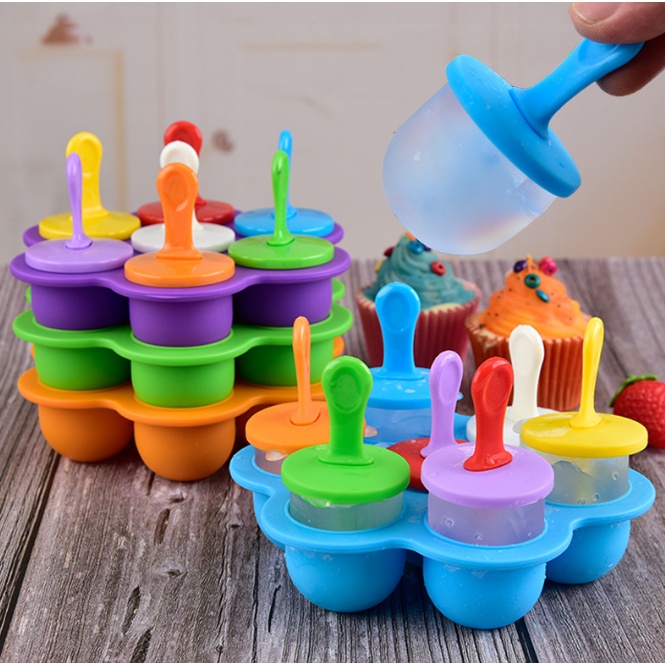 cetakan es cream silikon bulat isi 7 cups / Baby Popsicle Molds Fruit Ice Pop Maker DIY Ice Cream Maker Cetakan Es Krim Stik Lolipop / Cetakan Es Loli / Buah / Makanan Bahan Silikon Dengan 7 Lubang