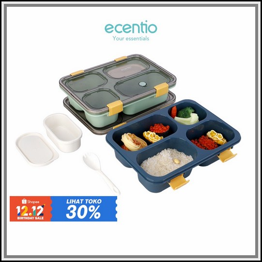 Tas Bekal Makan / Kotak Makan Set / Lunch Box Set Premium Ecentio Kotak Makan 3/4 Grid Dengan Kota