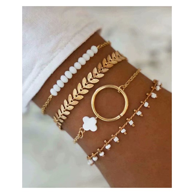 LRC Gelang Fashion Gold Color Cross Leaf Geometric Round Bracelet Set P01366