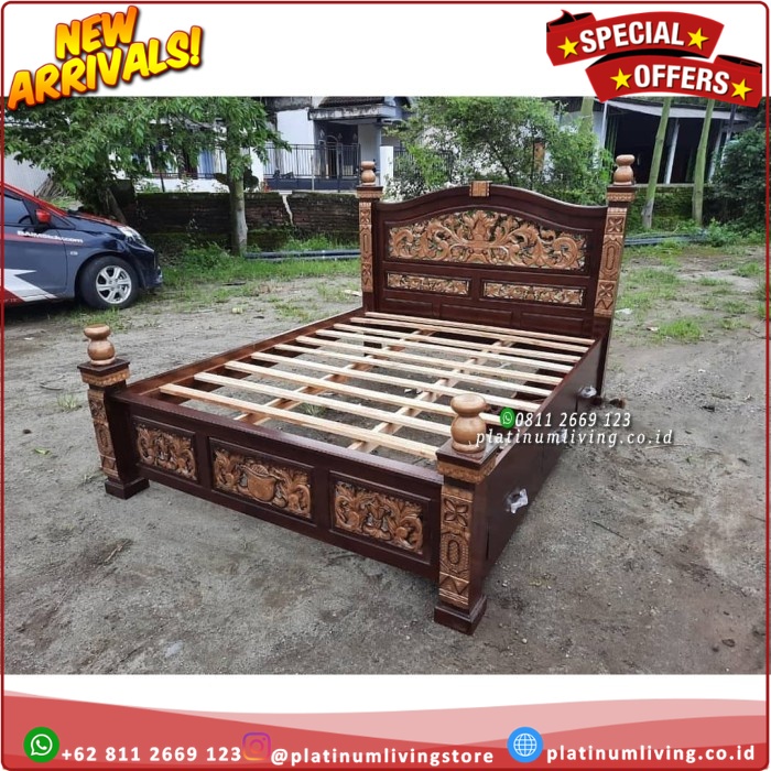 Tempat Tidur Ukir 180x200 laci 2 Dipan Jati Klasik Mewah Dipan Laci