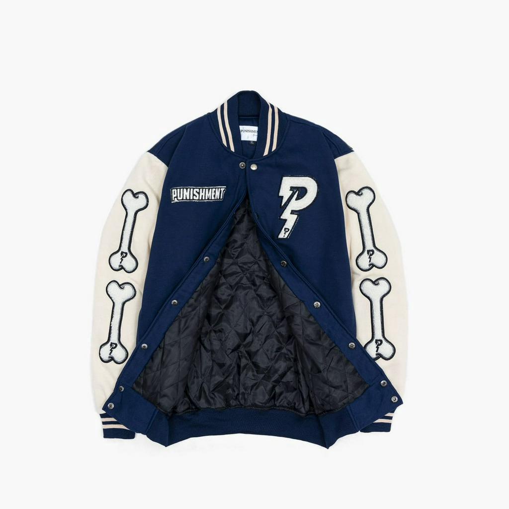 Jaket Varsity Basseball Full Bordir Navy Cream Pria Wanita Bahan Fleece Premium Original Punishment