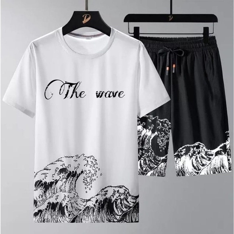 SETELAN ONE SET COWOK PRIA KAOS THE WAVE LENGAN PENDEK + CELANA PENDEK SANTAI