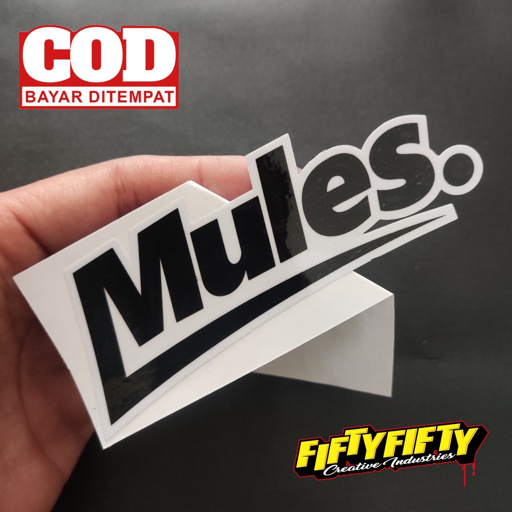 Stiker Print Cut BRAND DISTRO MULES Stiker Printing Laminasi Glossy Tahan Air Stiker Motor Mobil Helm Sudah Membentuk