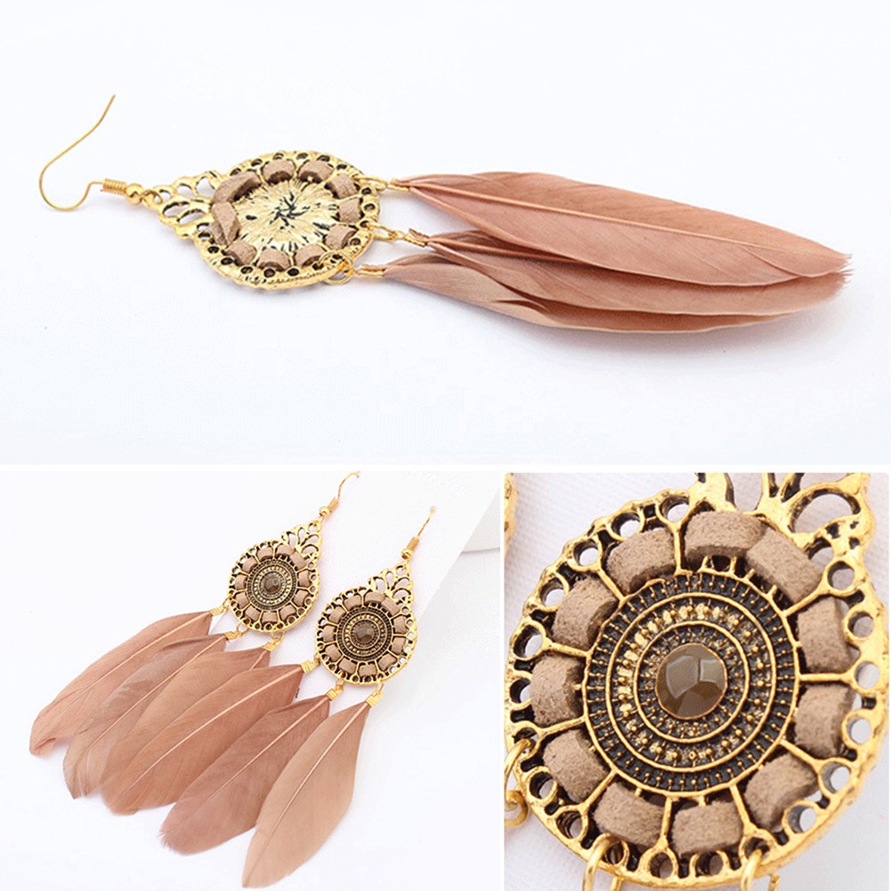 [Bayar Di Tempat]fashionBohemia Panjang Feather ed Round Hook Earrings Menjuntai Charm