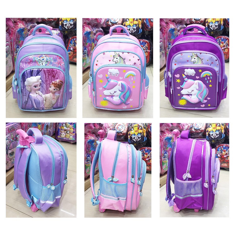 PROMO 10.10 Tas Sekolah Anak SD Perempuan Trolley Dorong Gambar Kuda Pony Pirang EMBOS Timbul 3 Resleting IMPORT ( Sun Lily Cetar Pirang Burung OWL Gogo Cool Laila Gliter Osh 16&quot;  )