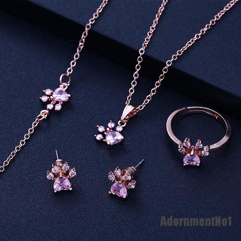 (Adornmentno1) 4pcs / set Kalung + Gelang + Cincin + Anting Tusuk Motif Telapak Kaki Anjing Aksen Kristal Untuk Perhiasan Wanita