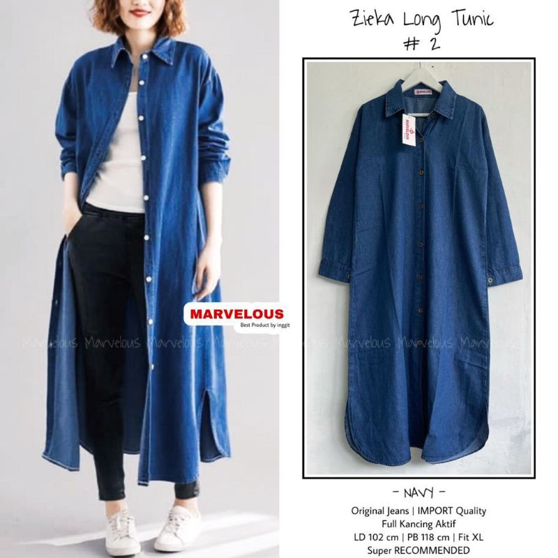 Zieka Long Tunik - Atasan Wanita Dewasa Jumbo Bahan Jeans Tebal Motif Polos