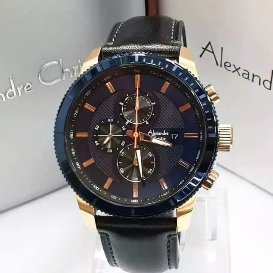 Alexandre Christie 100% Original ac6501 tali kulit hitam case blue rosegold