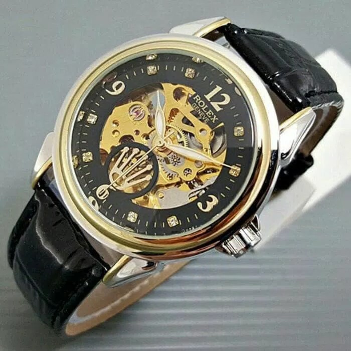 Jam Tangan Rolex Automatic / Otomatis Combi Gold-Black Kulit Hitam