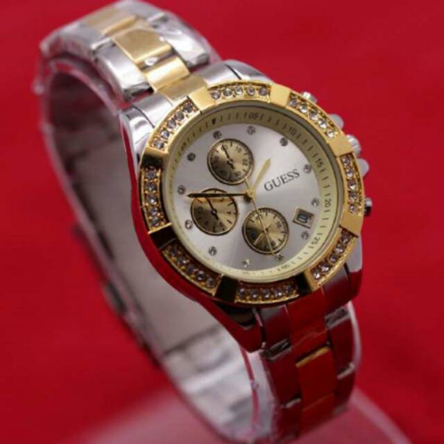 Jam tangan wanita elegant Guess premium kombinasi Gold plat putih
