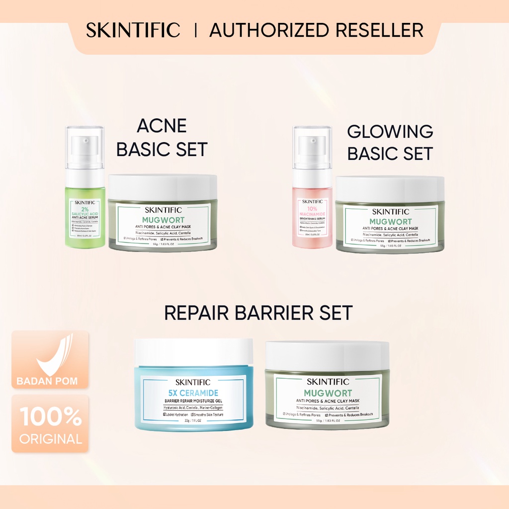 SKINTIFIC - 2pcs Set with Clay Mask Acne Basic Set / Repair Barrier Set / Glowing Basic Set [BPOM]