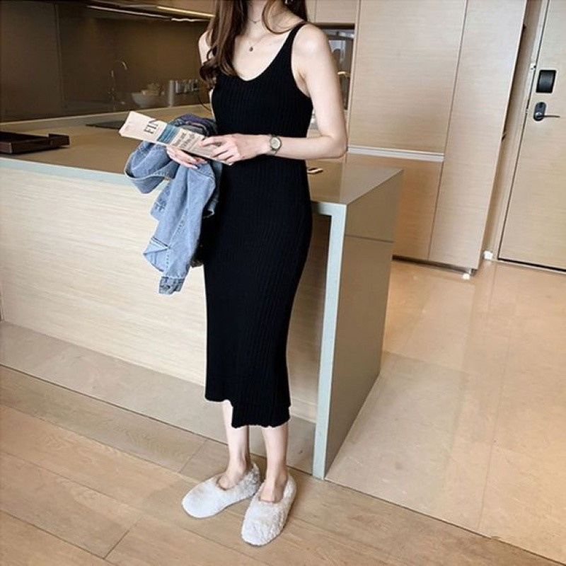 yikoo-Dress korea rajut tanpa lengan garpu belakang wanita mixi dress dres