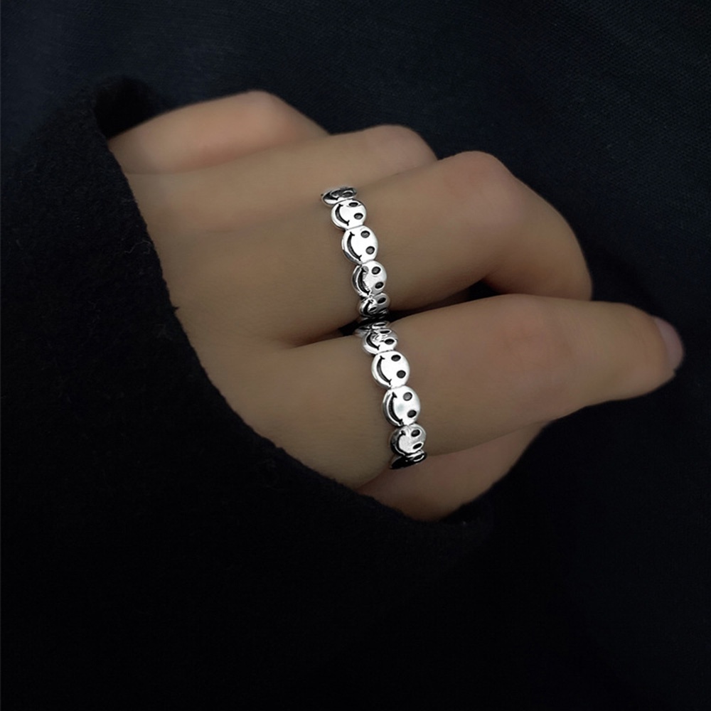 MXBEAUTY Friend Gifts Happy Finger Ring Personalized Fashion Accessories Smiling Face Rings Open Rings Punk Hip Hop Men Women Ancient Silver Color Adjustable Vintage Party Jewelry