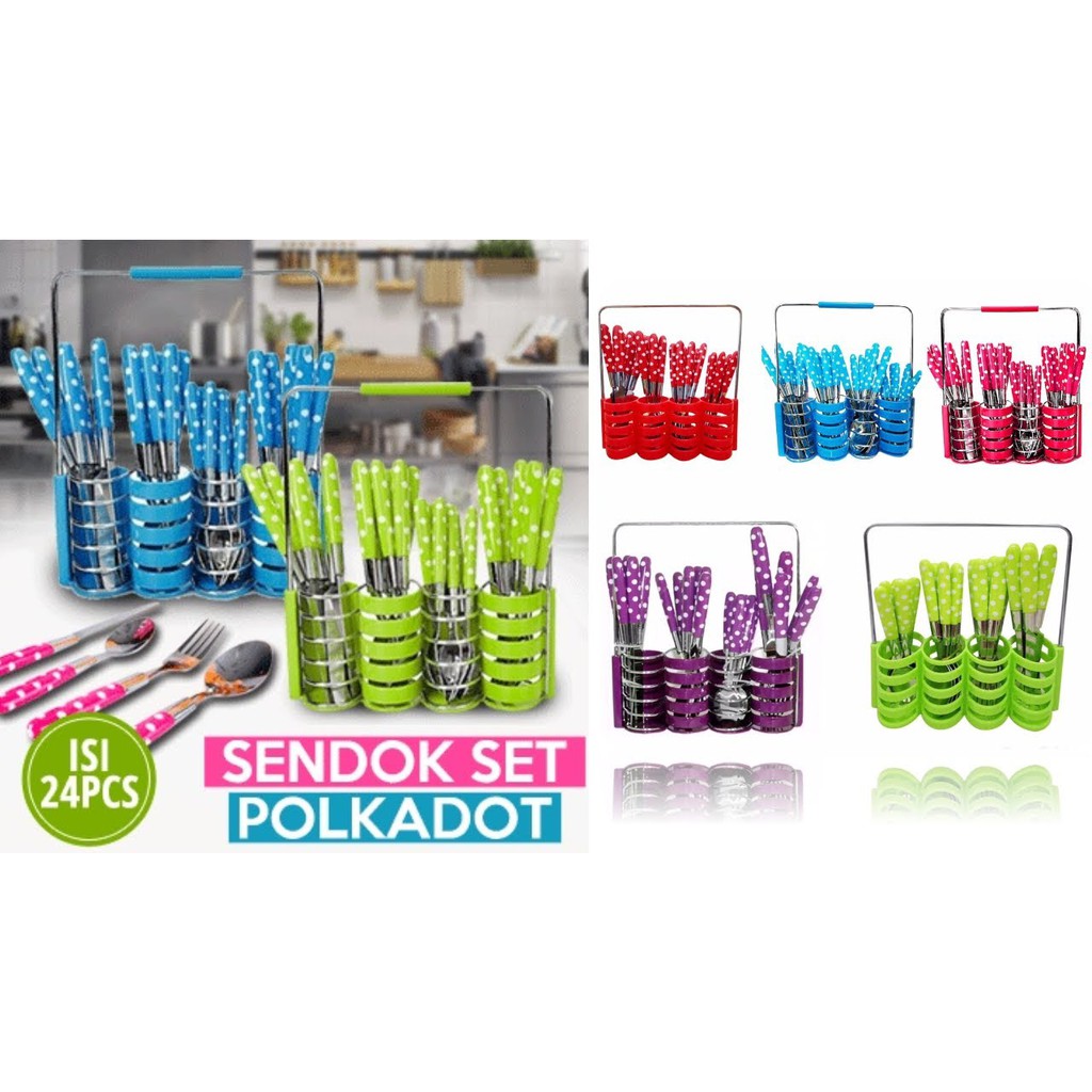 PROMO MURAH SENDOK SET POLKADOT STAINLES 24pcs SENDOK GARPU PISAU SET