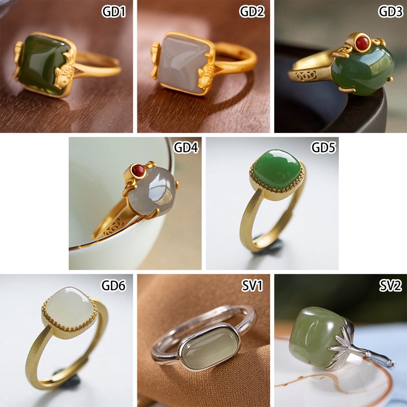 Cincin Sterling Silver Handmade Model Terbuka Aksen Giok Hetian Lotus Gaya Retro Untuk Wanita