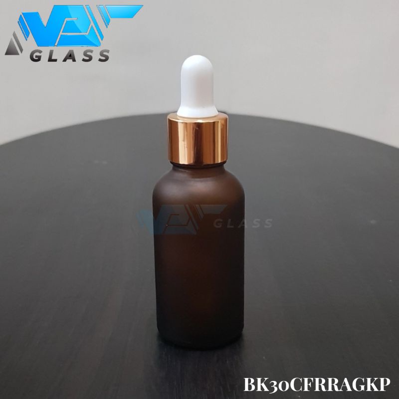 botol kaca pipet 30ml frosted doff amber coklat - ring almunium gold