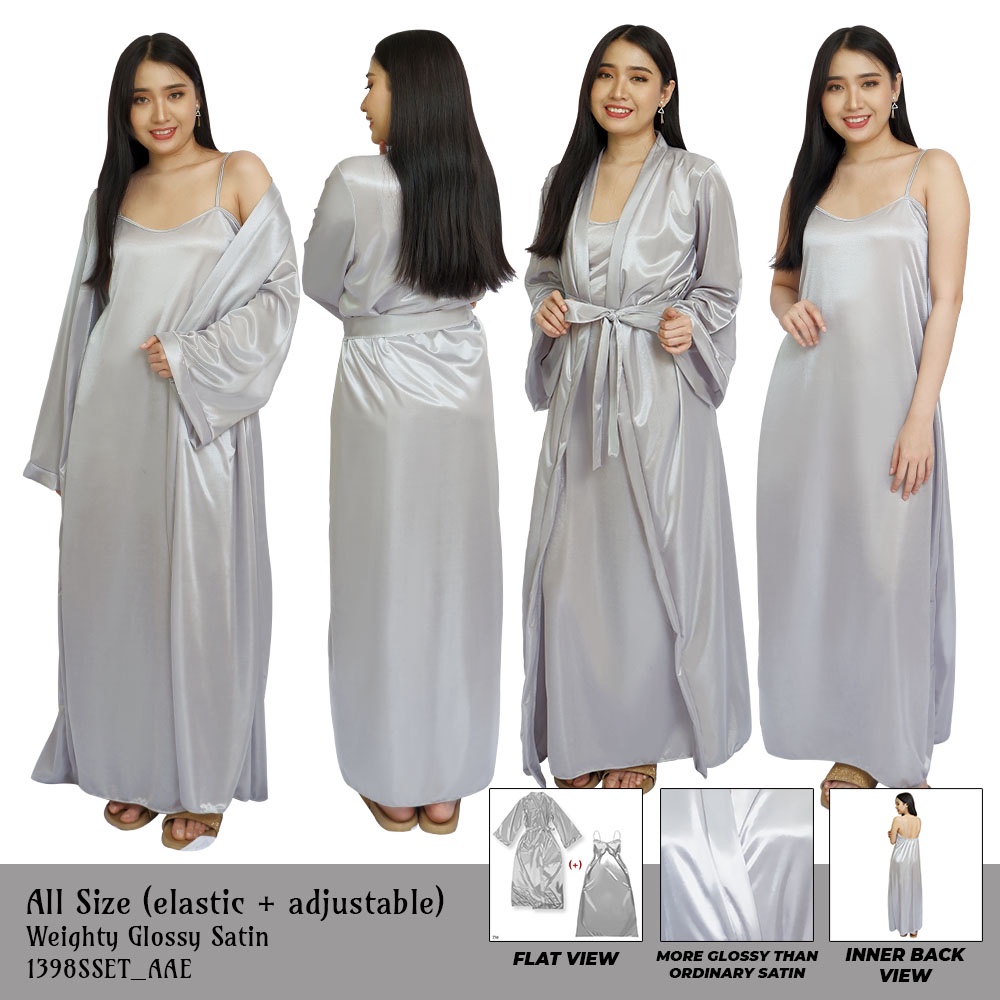 FOLVA kimono set panjang piyama satin 1398SSET silver all size