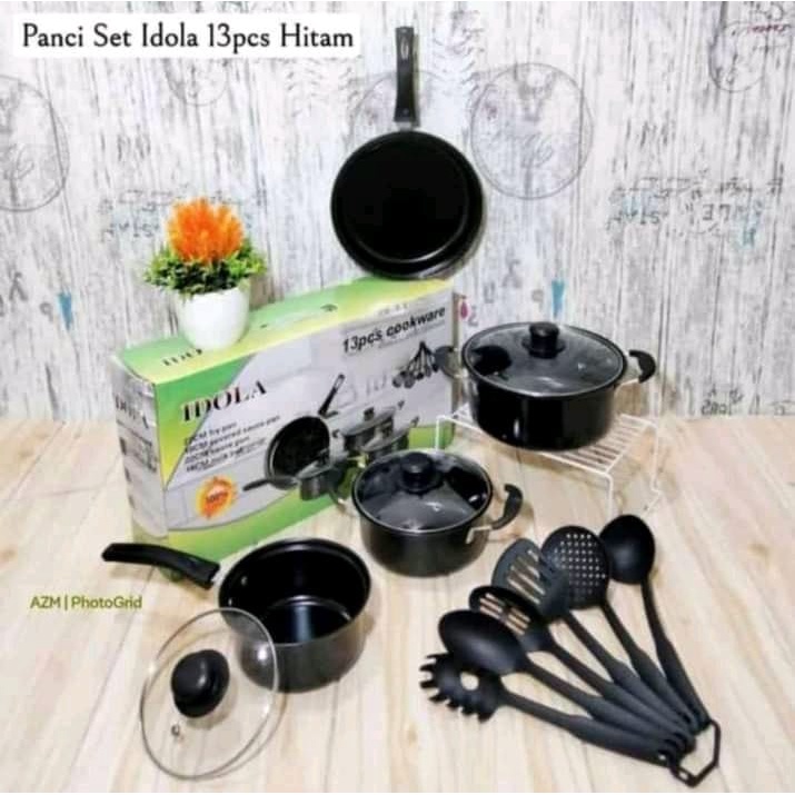 Panci Set Serbaguna Teflon Marble 13 Pcs Cookware Set Tutup Kaca Anti Lengket Bebas Karat FREE Spatu