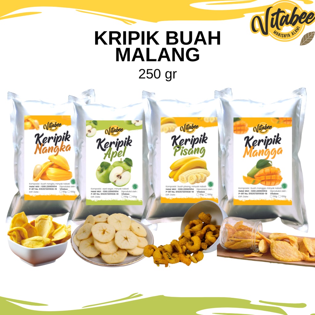 

Keripik Kripik Buah 250 Gram Nangka Apel Salak Nanas Mangga Rambutan Vitabee Khas Kota Malang - Garansi Renyah BISA COD