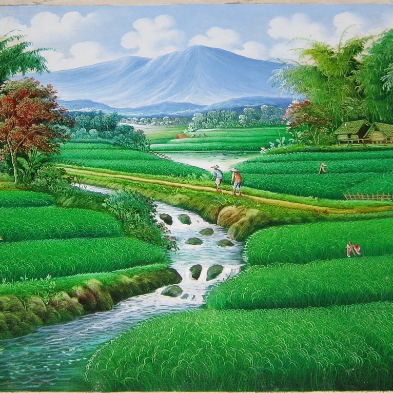 Lukisan Pemandangan Nuansa Hijau dengan Terasering yang Indah