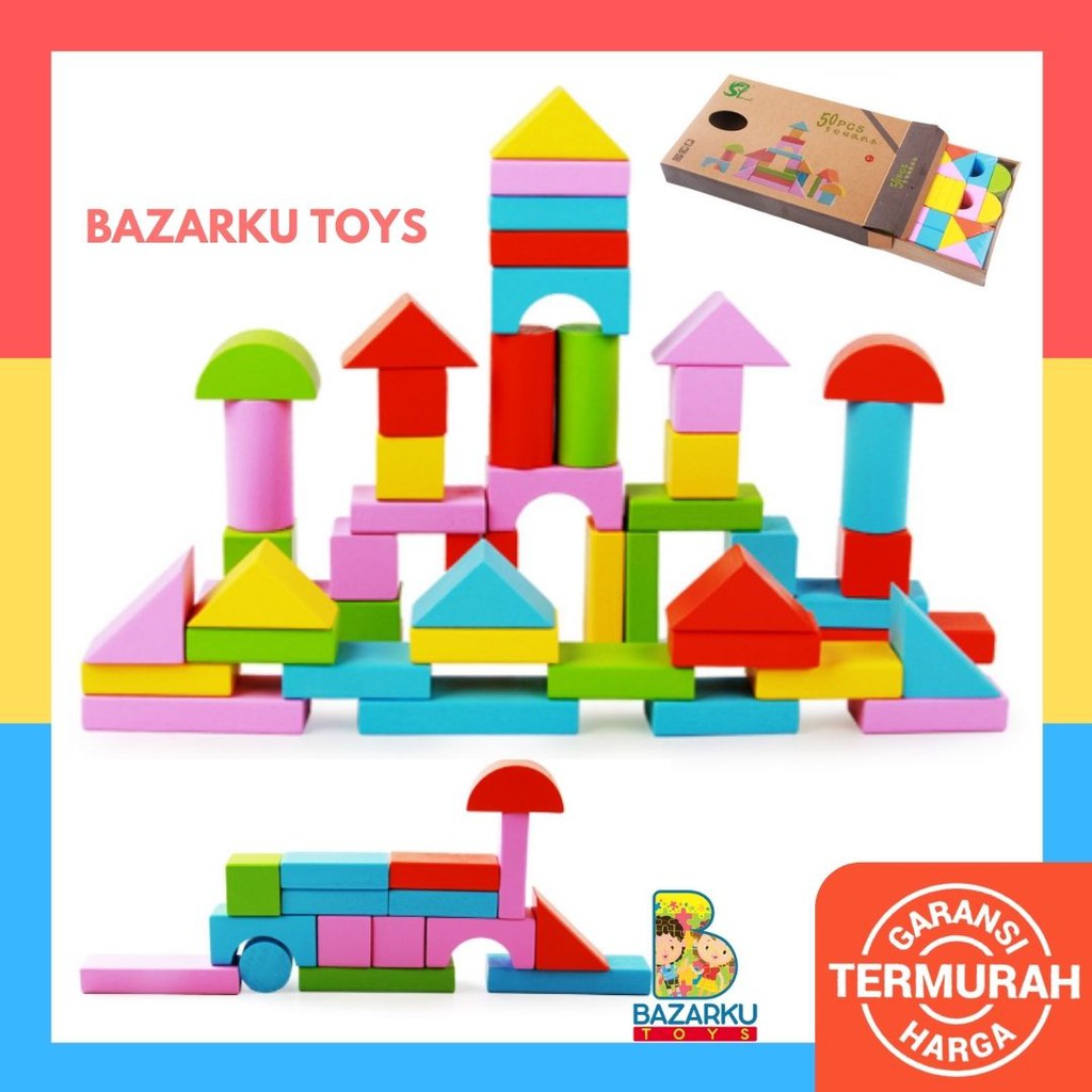 SHT Building Blocks Huruf Dan Angka isi 50 Pcs Mainan Balok Susun Wooden Toys Mainan Kayu