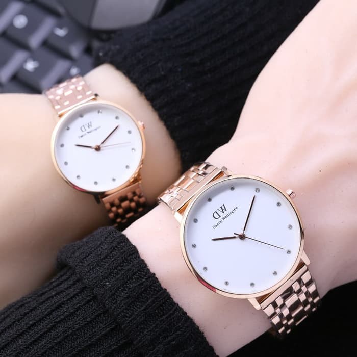 Jam Tangan Wanita / Cewek DW Couple Permata Rantai Rosegold White