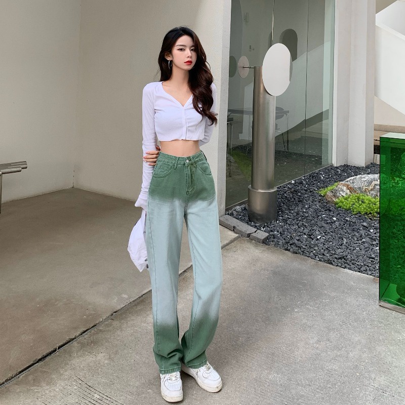 Suhao gradient jeans wanita pinggang tinggi celana lurus longgar celana pel kaki lebar