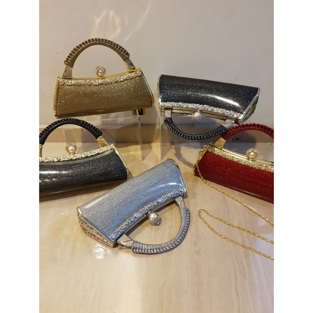 Tas Pesta Farnell Wanita Import 2697/2597 Clutch Glitter Permata Mutiara Cantik