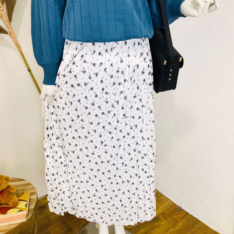 ROK PLISKET BUNGA DAISY / ROK PLISKET PREMIUM / ROK WANITA-Melati Putih-  Abu