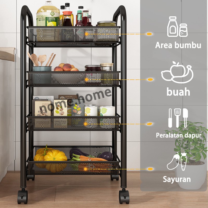 Rak Troli Rak Serbaguna Rak Susun Serbaguna Dorong Dari Besi 3 dan 4 Tingkat