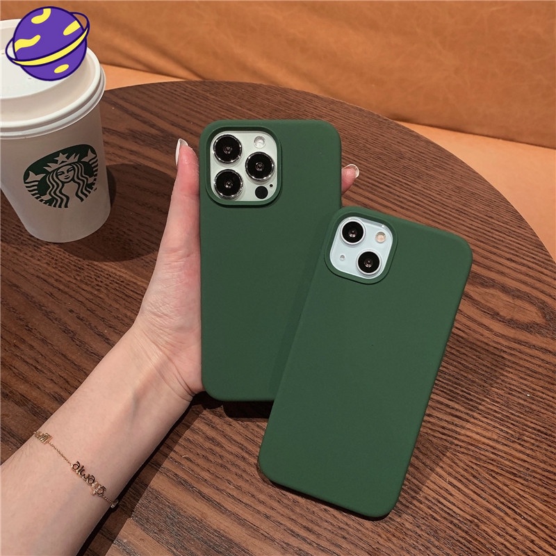 Soft Case Bahan Silikon Warna Hijau Tua Untuk iPhone 14 13 12 11 Pro X XS Max Mini XR 6 6s 7 8 Plus