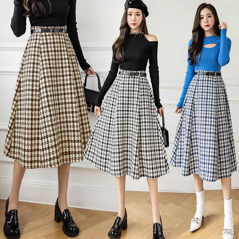 KARAKOREA 7702 Tweed Banding Skirt with Belt/Rok Midi/Korean Skirt/Rok Tweed Tebal/Rok Korea Skirt/Rok Panjang/Rok Tebal/Rok Kerja