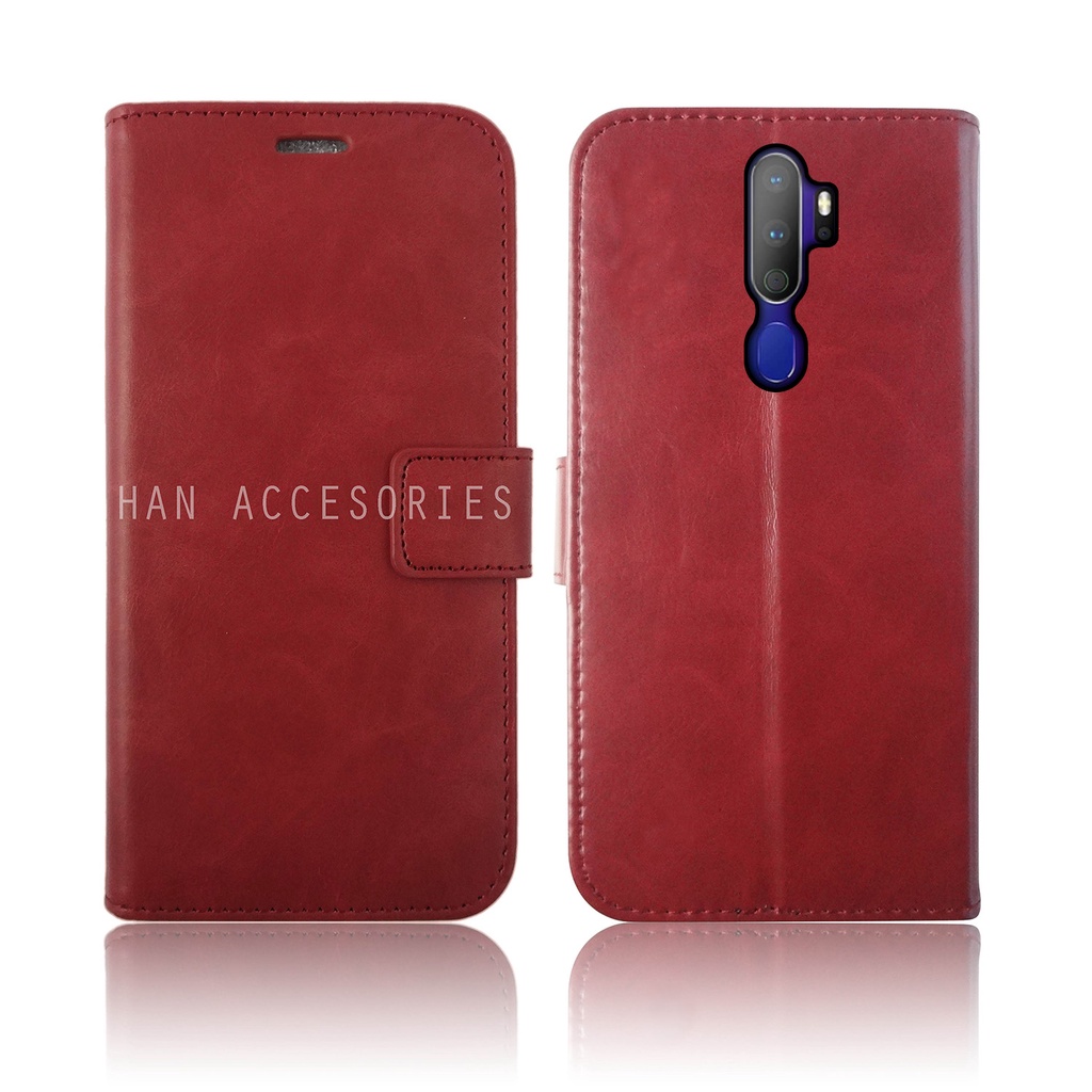 (PAKET HEMAT) Fashion Selular Flip Leather Case OPPO A5 2020 / A9 2020 Flip Cover Wallet Case Flip Case + Nero Temperred Glass