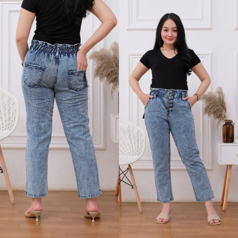 CELANA JEANS BOYFRIEND // Celana jeans BF highwaist pinggang karet kancing 5