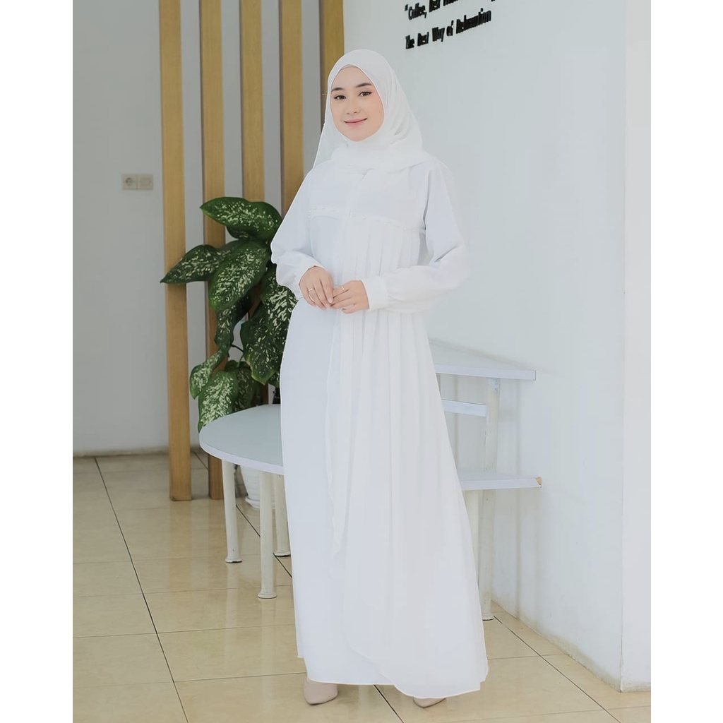 GAMIS TIARA ANNUR  SET HIJAB TABUR MUTIARA CANTIK ITYCREPE MIX CERUTY PREMIUM PUTIH LEBARAN MANASIK HAJI