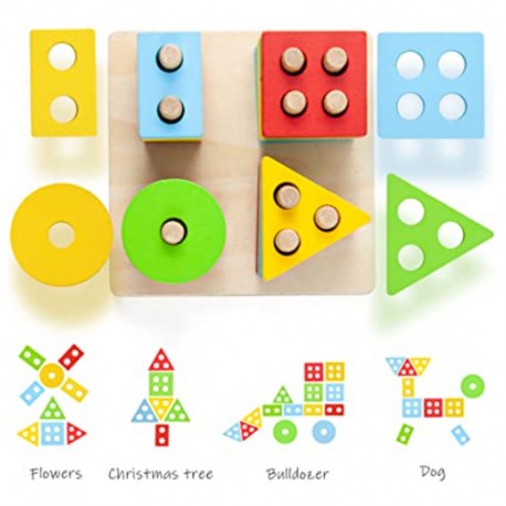 Mainan Kayu Edukasi Anak Geometric Board Stacking Tower Mengenal Bentuk Warna Shape Color Montessori Toys Wooden Board Sorting